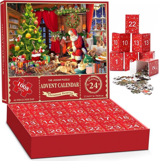 Adventskalender 2025 - Adventskalender puzzel met 1008 stukjes - 24 dagen aftellen naar Kerstmis - Puzzel - Adventskalender voor dames - Kerstmanpuzzel - Kerstdecoratie - Kerstcadeau voor jongens, meisjes en volwassenen - F