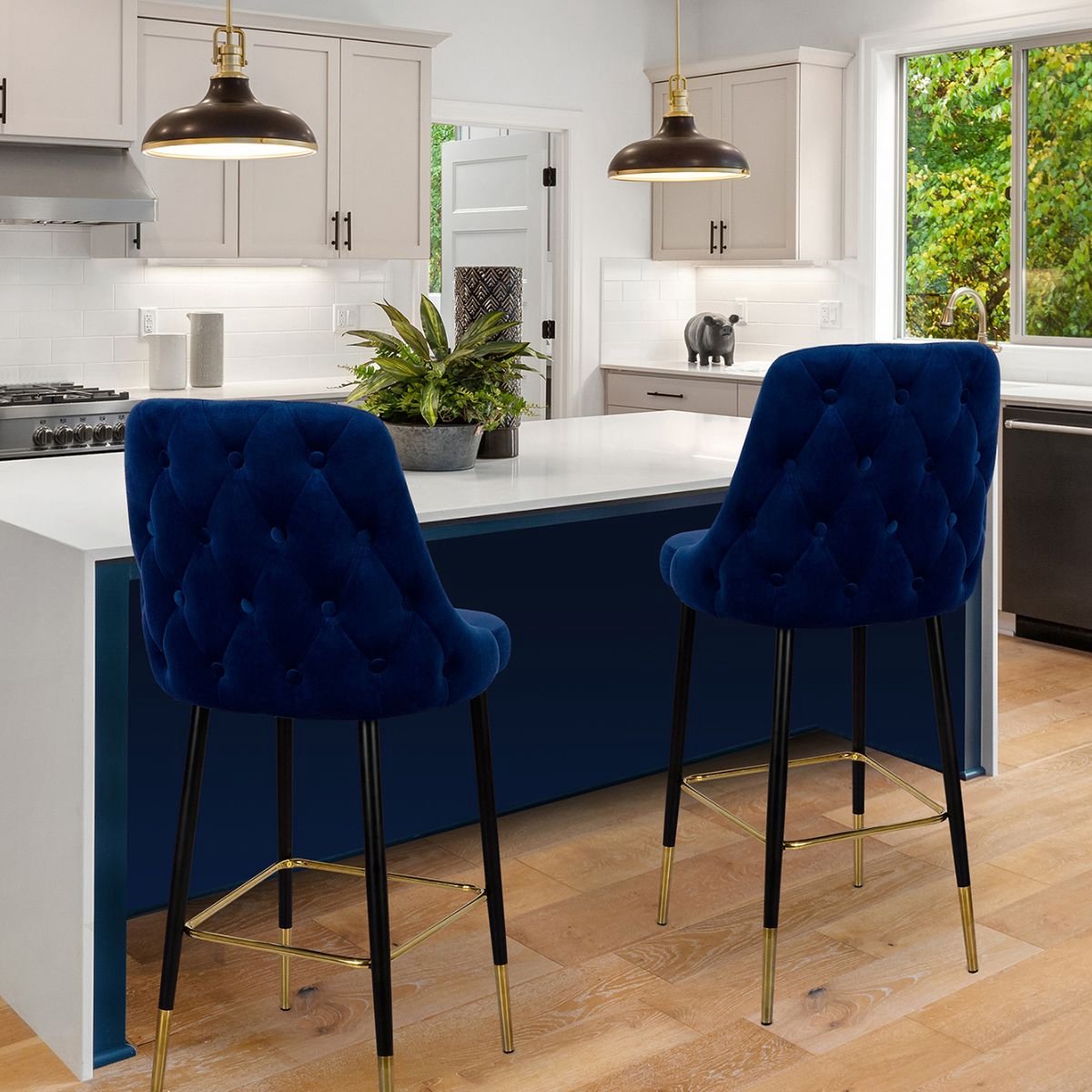 Floraya - Barstoel Moonlight - Donker Blauw - Draagkracht 130KG - Velours - Design barstoel
