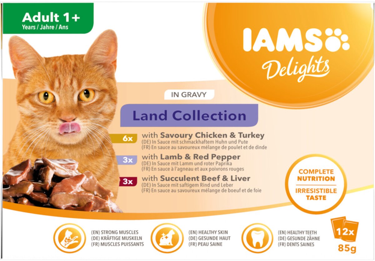 12x85g Land Mix in Saus IAMS Delights Kattenvoer