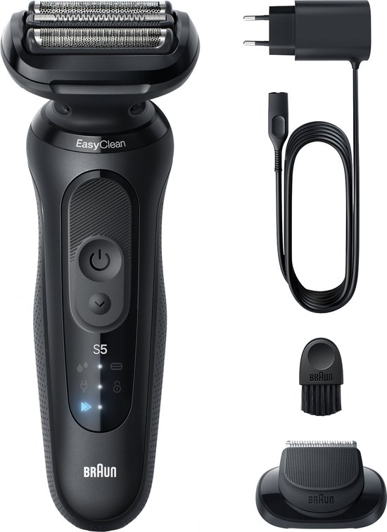 Zwart Braun scheerapparaat Series 5 met oplaadkabel, reinigingsborstel en extra opzetstuk.