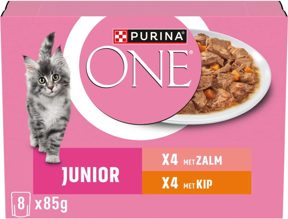 Purina ONE Junior Kattenvoer Nat Kip & Zalm – 8 x 85 gr