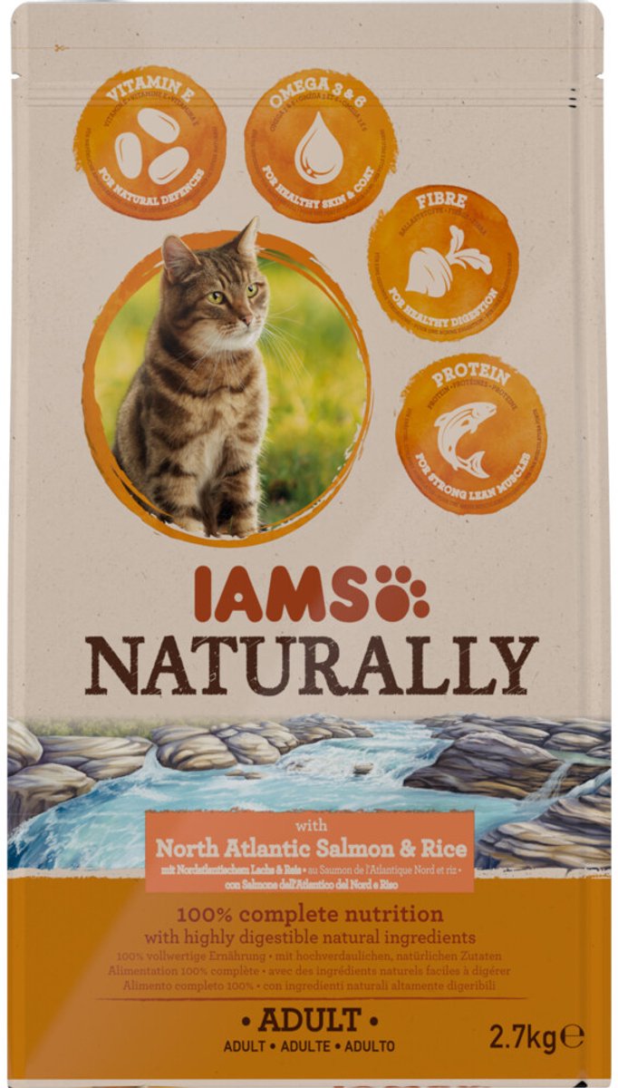 3x IAMS Naturally Kat Adult North Atlantic Zalm&Rijst 2,7 kg