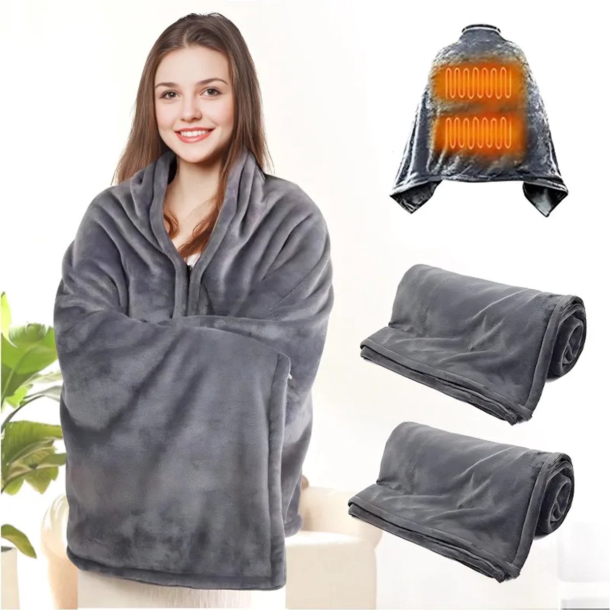 USB Elektrisch Verwarmde Deken – Wasbare Draagbare Bodywarmer met 3 Warmtestanden en 9 Verwarmingszones | Elektrische Gooi Deken voor Thuis, Kantoor, Bed, Bank en Reizen (5V)