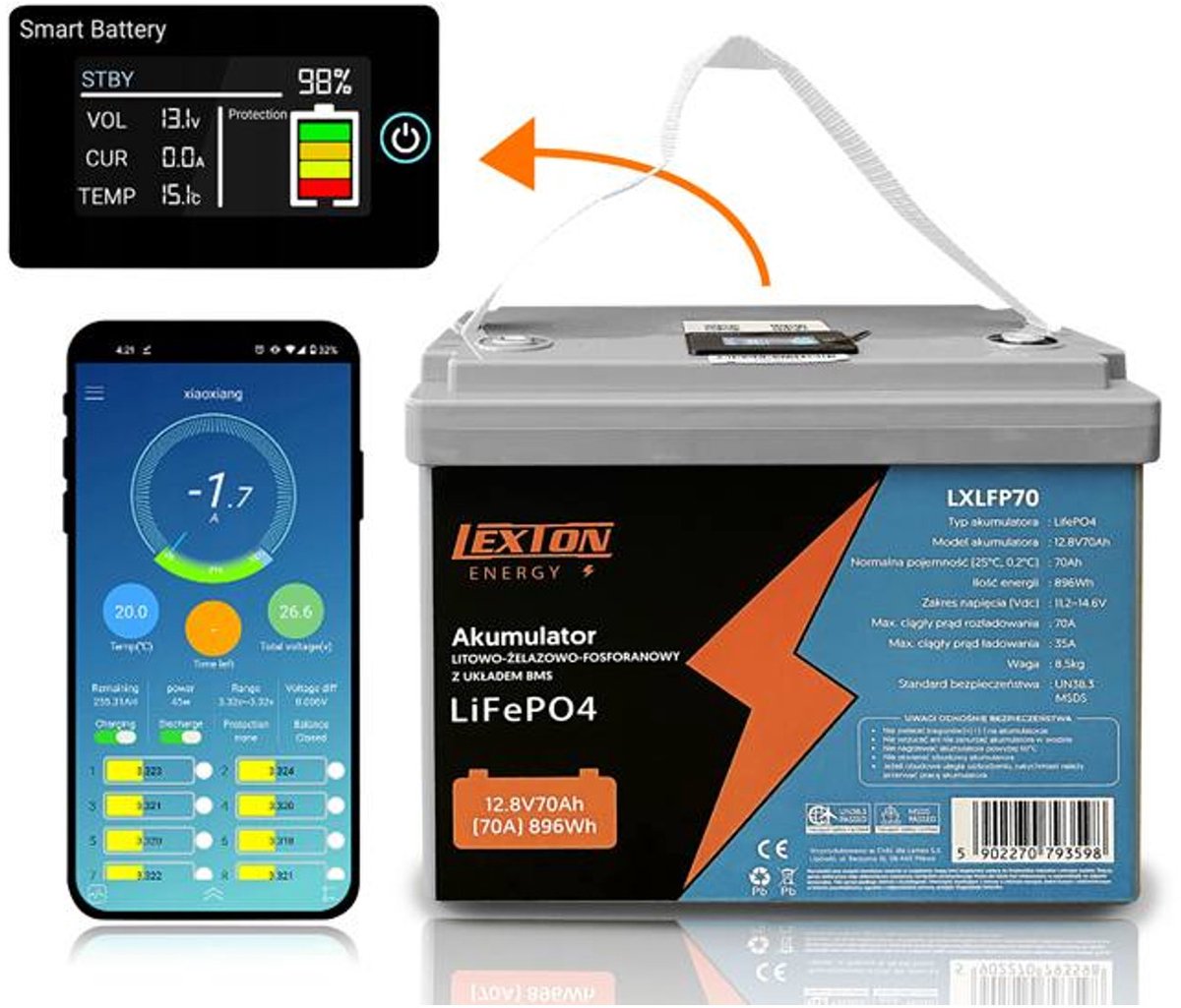 Lexton LiFePo4 - lithium accu - Gel baterij - met BMS - 12,8V, 70Ah, LXLFP70