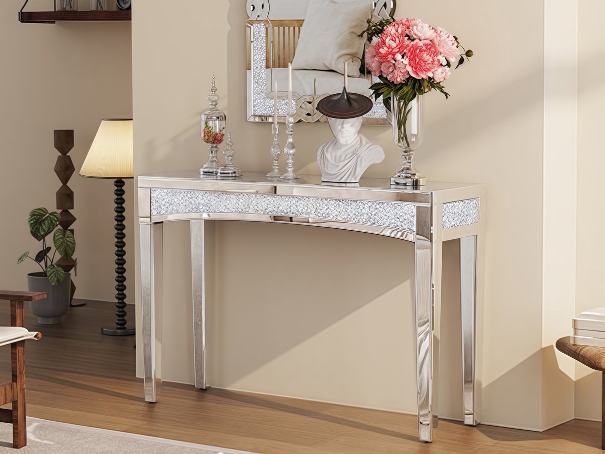Artloge Consoletafel - Wandtafel - Zilver - 120L x 35B x 80H cm - Spiegel Haltafel - Sidetable - Console Tafel - Bijzettafel - Moderne Tafel - Decoratieve Diamant Rand