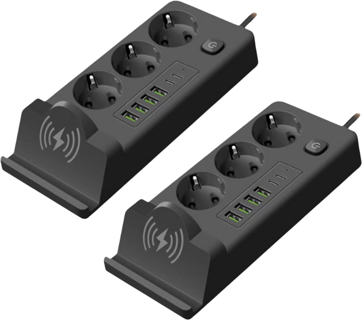 Oneproduct Slimme Stekkerdoos (set van 2) – Verlengsnoer – Stekkerdoos met USB – Verlengkabel – 4x USB-A / 2x USB-C / 3x Stopcontact – Draadloos laden - Zwart