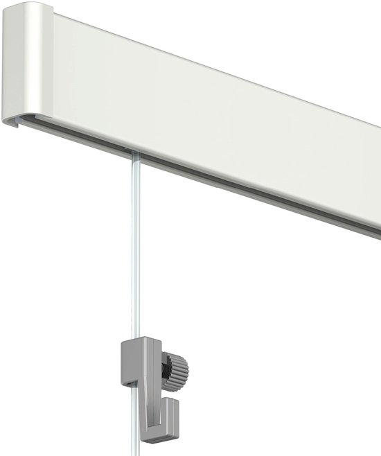 Detail van een witte Artiteq Click Rail met een transparante draad en een grijze ophanghaak.