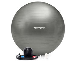 Tunturi Anti Burst Fitness bal met Pomp - Yoga bal 75 cm - Pilates bal - Zwangerschapsbal – 220 kg gebruikersgewicht - Incl Trainingsapp – Zilver