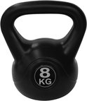 Zwarte kettlebell met een ronde, zwarte cirkel met een witte '8 KG' opdruk.