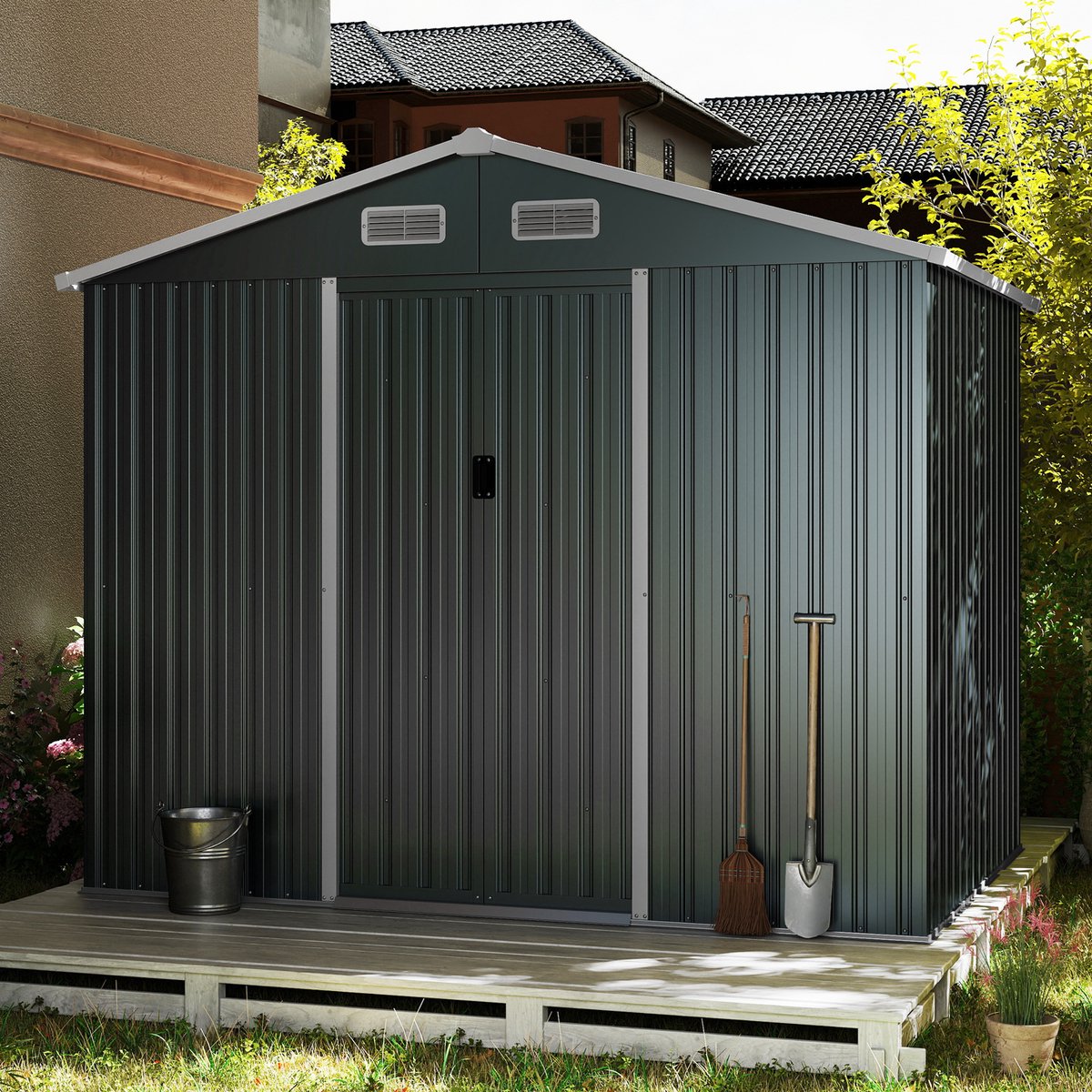 COSTWAY Gereedschapsschuur van metaal, 277 x 191 x 202 cm, afsluitbaar, tuinhuis met 4 ventilatiesleuven en schuifdeur, tuinschuur voor grasmaaiers, fietsen, gereedschap, metalen schuur, voor buiten COSTWAY Gereedschapsschuur van metaal, 277 x 191 x 202 cm, afsluitbaar, tuinhuis met 4 ventilatiesleuven en schuifdeur, tuinschuur voor grasmaaiers, fietsen, gereedschap, metalen schuur, voor buiten