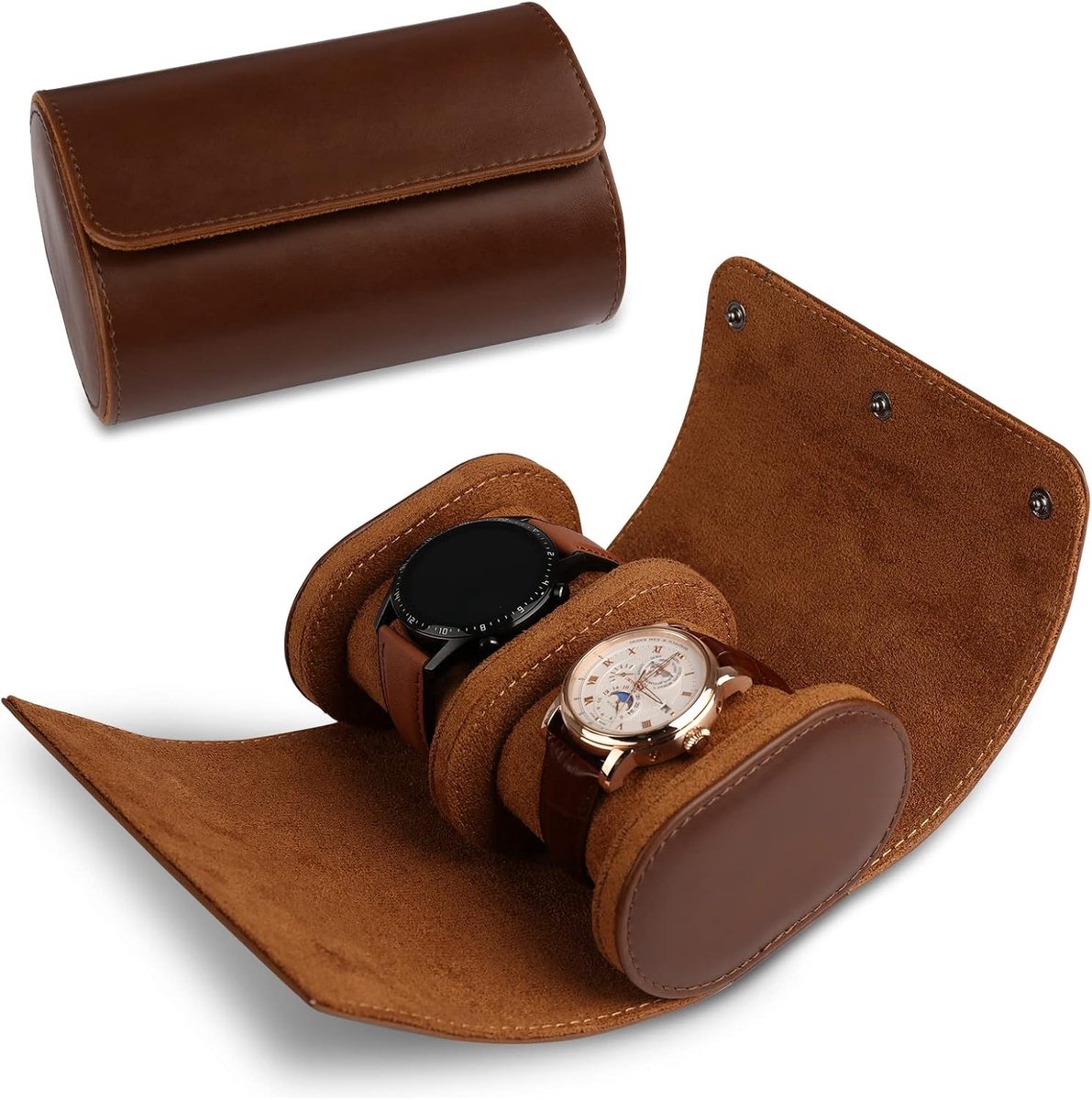 Cilindrische horlogedoos, 2 sleuven, horlogerol, reistas, vintage horlogebehuizing voor mannen en vrouwen, bruin, upgrade-versie