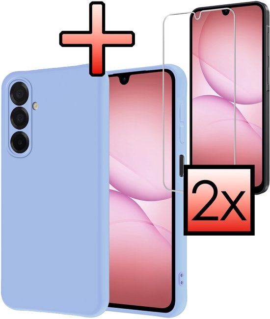 Coque de téléphone bleu clair avec un protecteur d'écran à côté. "2x" est grand au premier plan.