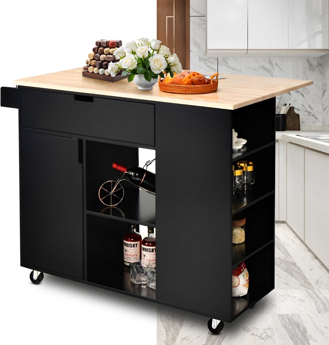 Bol.com Keukeneiland - Verplaatsbaar - Keukenkast - Dressoir - Organizer - Kasten - Houten Werkblad - Lade - Zwart aanbieding