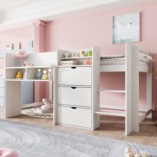 Lit mi-hauteur, 90x200 cm, en forme de maison, plusieurs rangements, espace de divertissement sous le lit, sans matelas, blanc
