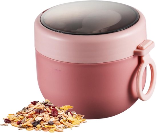 Tasse à déjeuner - Tasse à déjeuner à l'avoine - Bol isotherme - Avec cuillère et anse - Large ouverture - Pot isotherme - Portable - Bol anti-fuite pour soupe chaude et froide - Convient aux enfants et aux adultes - 600 ml - 11 x 9,3 cm - Rose