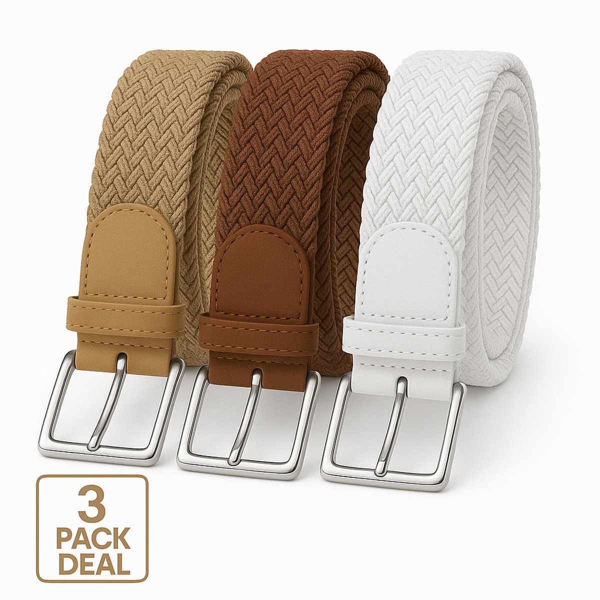 3 pack deal - Elastische riem - gevlochten broekriem - dames en heren riemen - Kleur 1 Beige 2 Bruin 3 Wit 120 cm