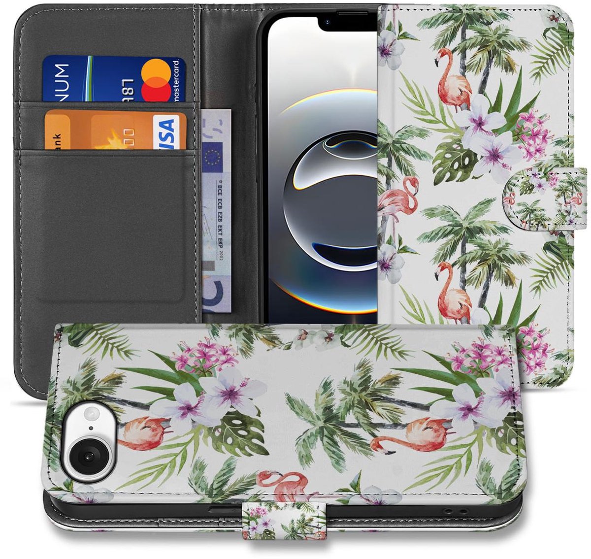 iPhone 16e/17e Telefoonhoesje met Pasjes Flamingo Palms