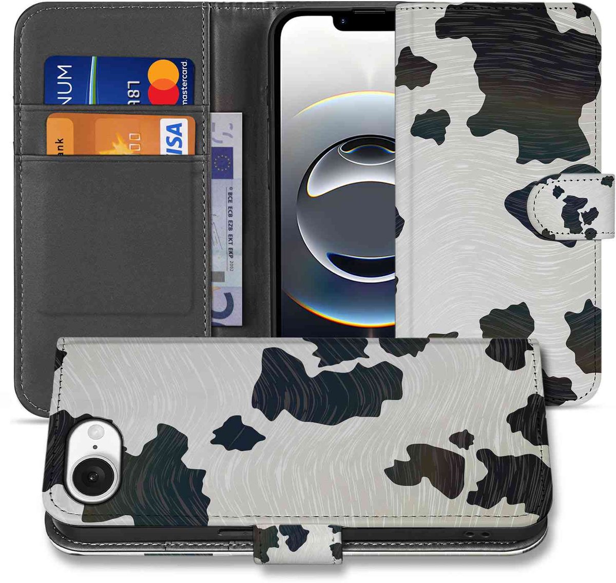 iPhone 16e/17e Telefoonhoesje met Pasjes Koeienvlekken