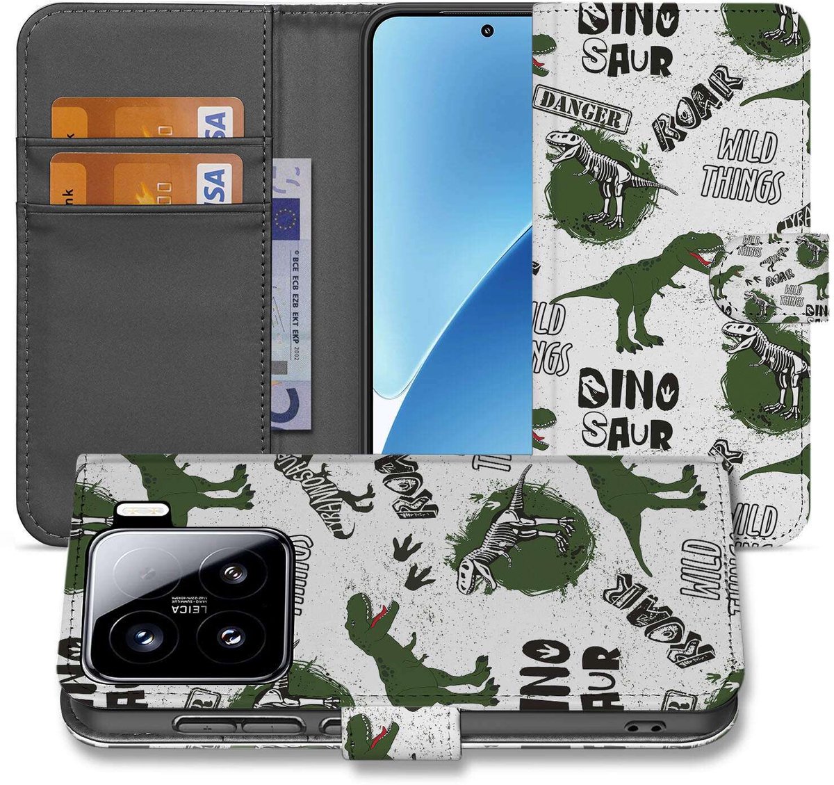 Telefoonhoesje met Pasjes voor Xiaomi 15 Dinosaurus