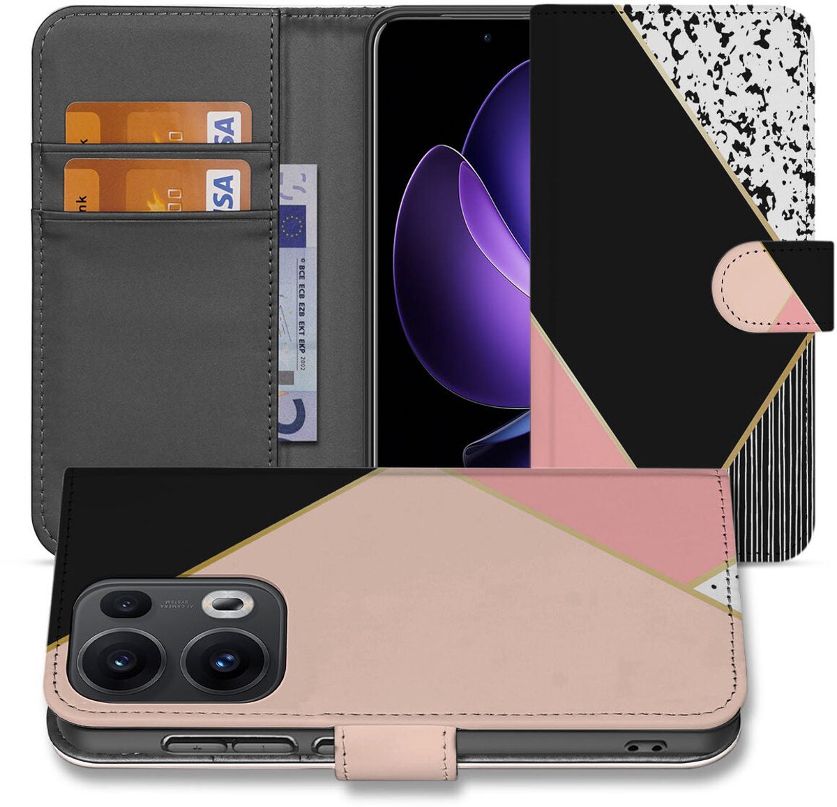 OPPO Reno 13 Pro Book Case Zwart Roze Vormen