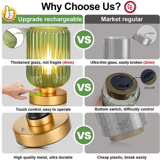 Rosnek Bureaulamp LED 7500 mAh - Dimbare Aanraaklamp met Groene Glazen Kap & Gouden Metaal, 40 Uur Accu Draadloze Tafellamp - Moderne Lamp voor Slaapkamer, Nachtkastje, Woonkamer en Bureau van Rosnek — afbeelding 4