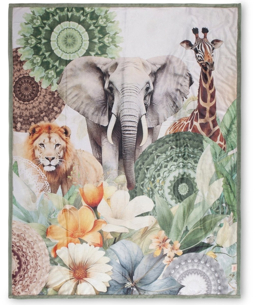 HIP Plaid 130x160 cm - Safari Dieren en Bloemen Print - Groen - Polyvelvet - Oeko-Tex Gecertificeerd