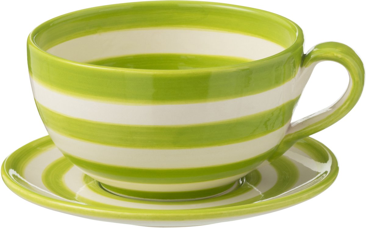 J-Line kopje + schoteltje Granada Stripes - keramiek - wit/groen