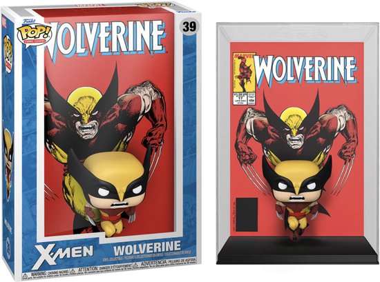 Wolverine Funko Pop-figuur naast de verpakking. De verpakking en de achtergrond van de vitrine tonen het stripboek 'Wolverine'.