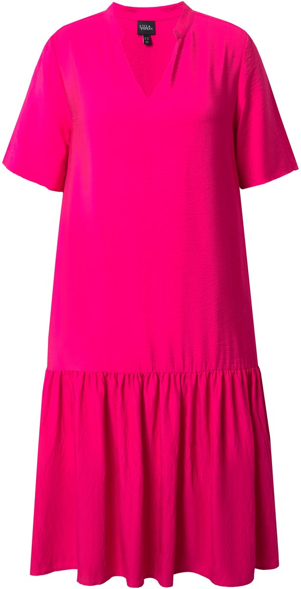 Ulla Popken - Dames - Midi-jurk volantzoom A-lijn V-hals korte mouw - Roze - Maat 50+
