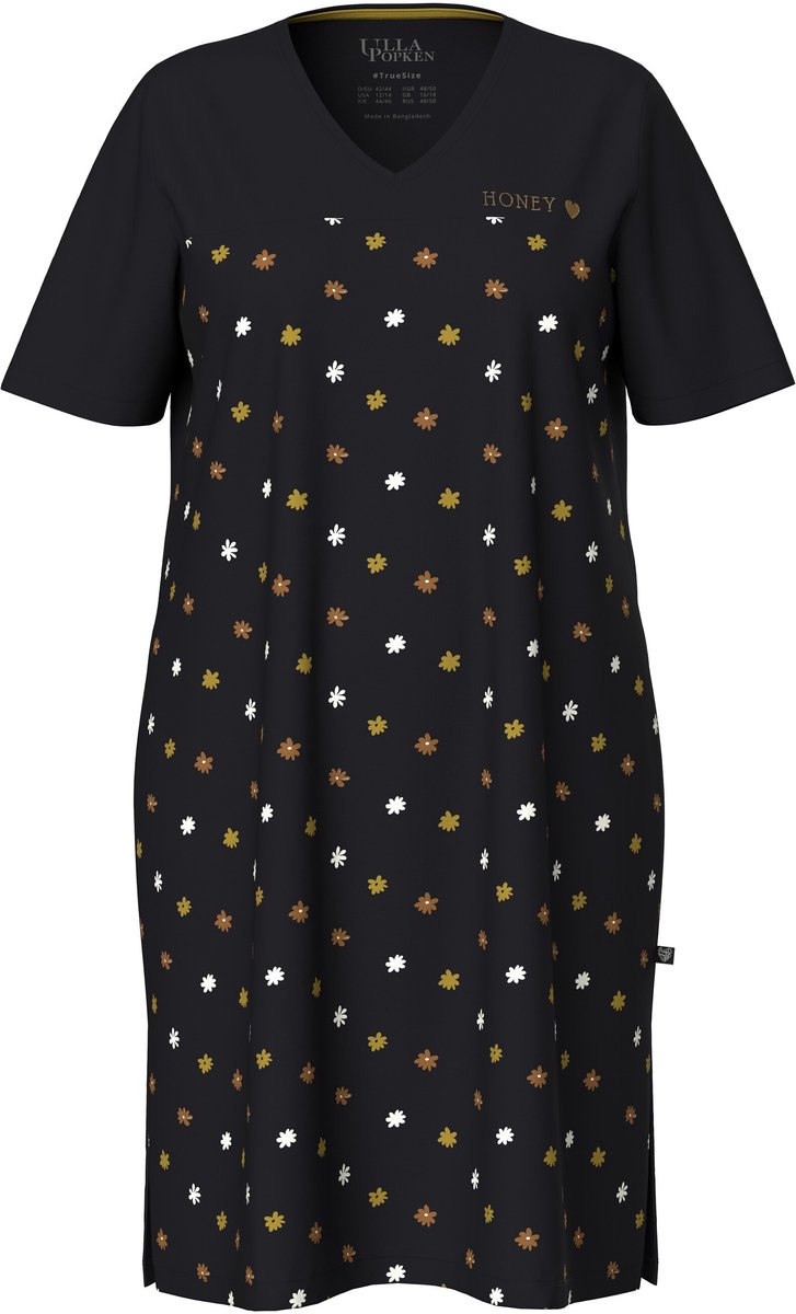Ulla Popken Dames - Bigshirts bloemen borduursel V-hals korte mouw - Zwart - Maat 42+