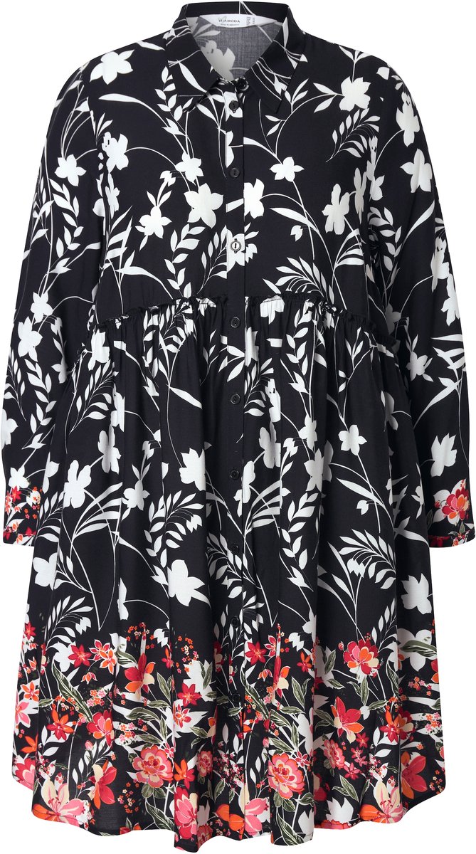 MIAMODA - Dames - Blouse A-lijn volant met bloemmotief - Zwart - Maat 48
