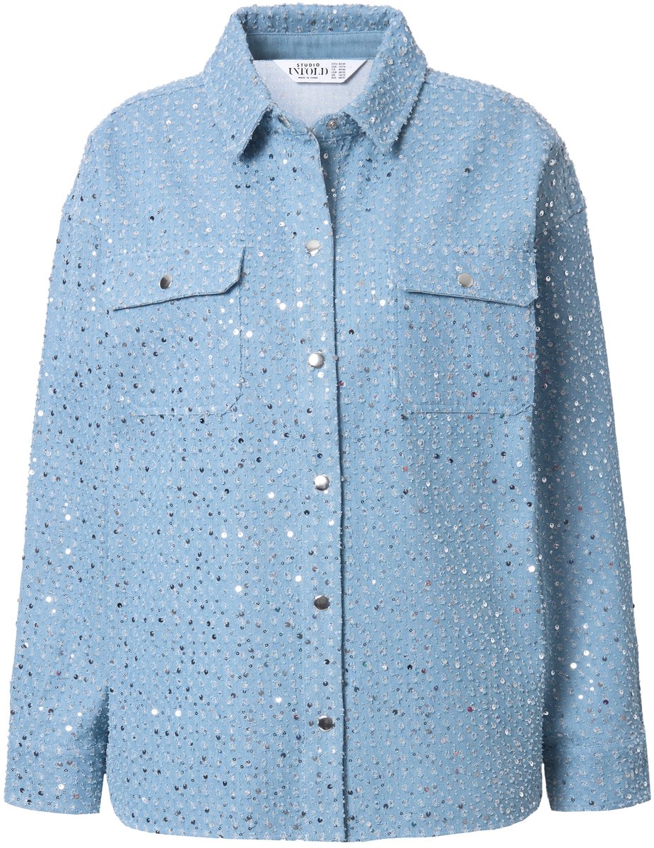 Studio Untold - Dames - Overhemd oversized pailletten denimlook - Licht blauw denim - Maat 54+
