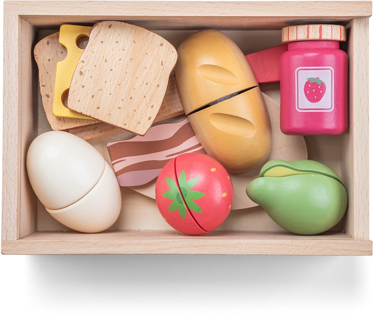 Woet® Houten Snijset Ontbijt in Opbergdoos - Speelset Ontbijt met Snijplank Brood, Kaas, Ei en Fruit - Educatief Speelgoedeten - Rollenspel Keukenspeelgoed - Vanaf 2 Jaar — afbeelding 3
