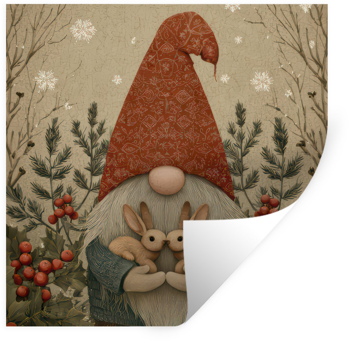 Muurstickers - Sticker Folie - Kerstgnome - Konijntjes - Kleurrijk - 80x80 cm - Plakfolie 