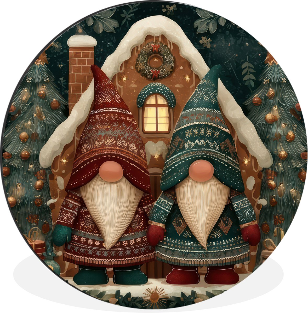 WallCircle Wandcirkel - Muurcirkel - Kerst - Gnomen - Peperkoekhuisje - Rood - Groen - Aluminium - Dibond - 120x120 cm - Binnen en Buiten Kerst - Gnomen - Huisje - Rood - Groen