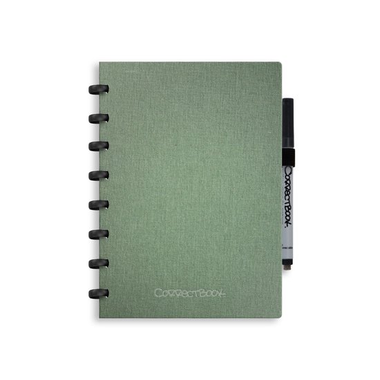 Correctbook A5 vert effaçable avec stylo noir.