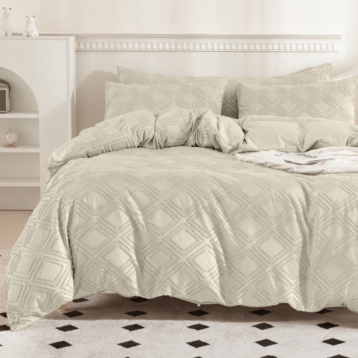 Ibenzoa Comfortabele tweedelige beddengoedset met geruit boho ontwerp en rits beige