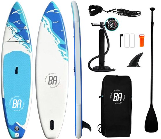 Best Active SUP Board Premium XXL - Opblaasbaar Paddle Board - Complete Set - Met Pomp / Draagtas / Verstelbare Peddel / Enkelkoord / Reparatiekit - Belastbaarheid Max. 150KG - 335x81x15cm - Aqua/Blauw