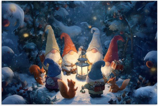 Poster 30x20 cm - Winter - Gnooms - Eekhoorns - Meerkleurig - Posters - Kamer decoratie - Wanddecoratie woonkamer - Muurdecoratie slaapkamer - Kerstversiering - Kerstdecoratie voor binnen - Kerstmis