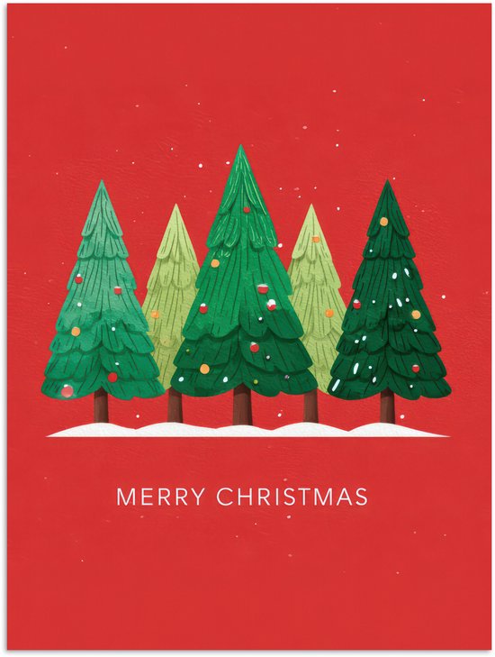 Poster 60x80 cm - Minimalistisch - Kerstbomen - Rood - Sneeuw - Posters - Kamer decoratie - Wanddecoratie woonkamer - Muurdecoratie slaapkamer - Kerstversiering - Kerstdecoratie voor binnen - Kerstmis
