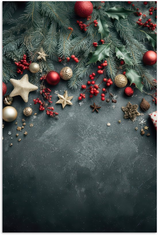 Poster 80x120 cm - Kerstomlijsting - Hulst - Kleurrijk - Posters - Kamer decoratie - Wanddecoratie woonkamer - Muurdecoratie slaapkamer - Kerstversiering - Kerstdecoratie voor binnen - Kerstmis