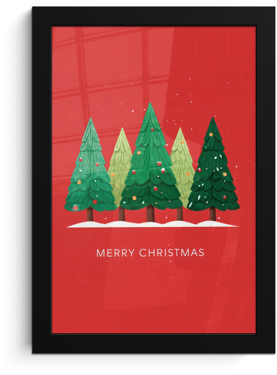 FrameYourWall Poster in lijst - Fotolijst 20x30 cm - Posters - Minimalistisch - Kerstbomen - Rood - Sneeuw - Posterlijst zwart - Decoratie - Wanddecoratie woonkamer - Muurdecoratie slaapkamer - Kerstversiering - Kerstdecoratie voor binnen - Kerstmis