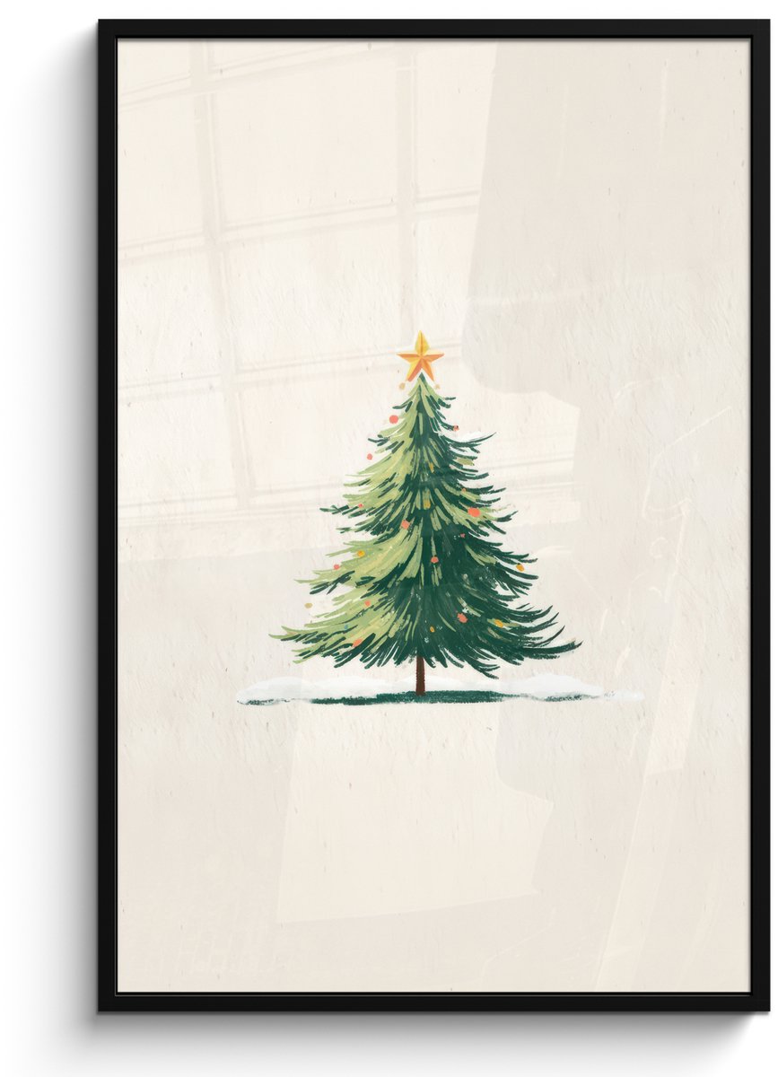 FrameYourWall Poster in lijst - Fotolijst 80x120 cm - Posters - Kerstboom - Illustratie - Ster - Sneeuw - Posterlijst zwart - Decoratie - Wanddecoratie woonkamer - Muurdecoratie slaapkamer - Kerstversiering - Kerstdecoratie voor binnen - Kerstmis