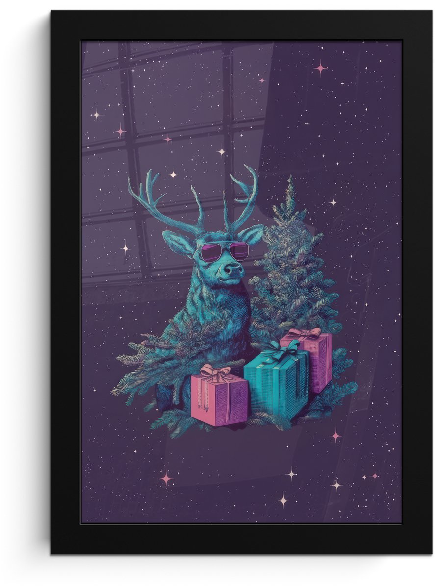 FrameYourWall Poster in lijst - Fotolijst 20x30 cm - Posters - Rendier - Zonnebril - Neon - Kerstboom - Posterlijst zwart - Decoratie - Wanddecoratie woonkamer - Muurdecoratie slaapkamer - Kerstversiering - Kerstdecoratie voor binnen - Kerstmis