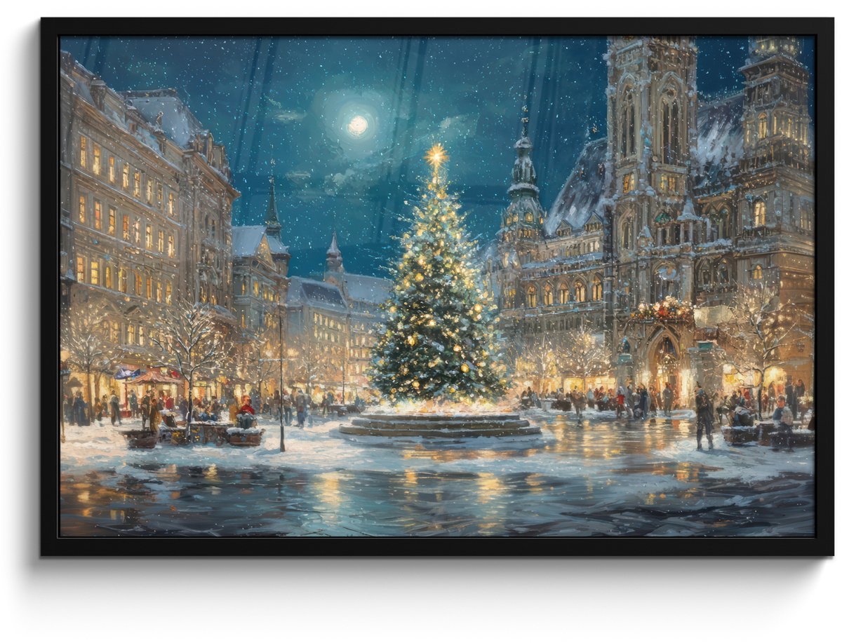 FrameYourWall Poster in lijst - Fotolijst 90x60 cm - Posters - Kerstnacht - Stadsplein - Meerkleurig - Posterlijst zwart - Decoratie - Wanddecoratie woonkamer - Muurdecoratie slaapkamer - Kerstversiering - Kerstdecoratie voor binnen - Kerstmis