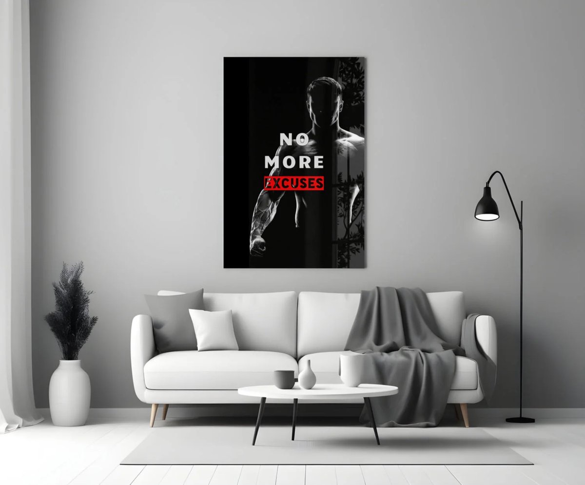 Glasschilderij No More Excuses – Motivatie Poster – Fitness Gym Wanddecoratie – Sport Schilderij - 90x60 cm