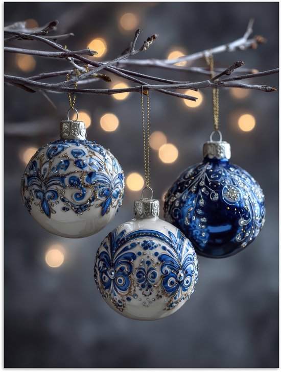 Poster 90x120 cm - Kerstbal - Versierd - Blauw - Posters - Kamer decoratie - Wanddecoratie woonkamer - Muurdecoratie slaapkamer - Kerstversiering - Kerstdecoratie voor binnen - Kerstmis