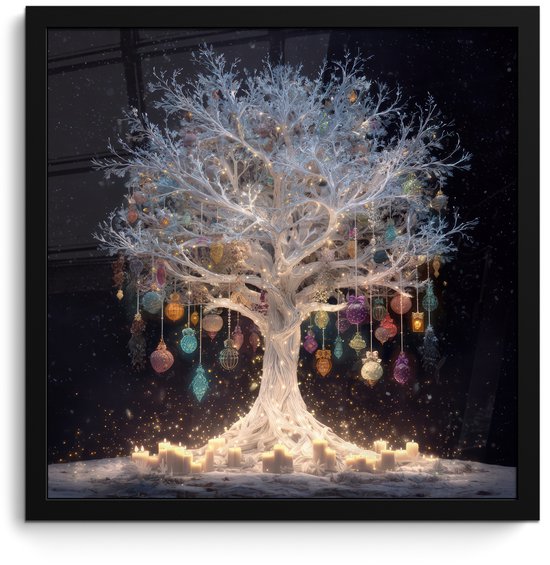 Poster in lijst - Fotolijst 40x40 cm - Posters - Sneeuwboom - Lichtjes - Wit - Kleurrijk - Posterlijst zwart - Decoratie - Wanddecoratie woonkamer - Muurdecoratie slaapkamer - Kerstversiering - Kerstdecoratie voor binnen - Kerstmis