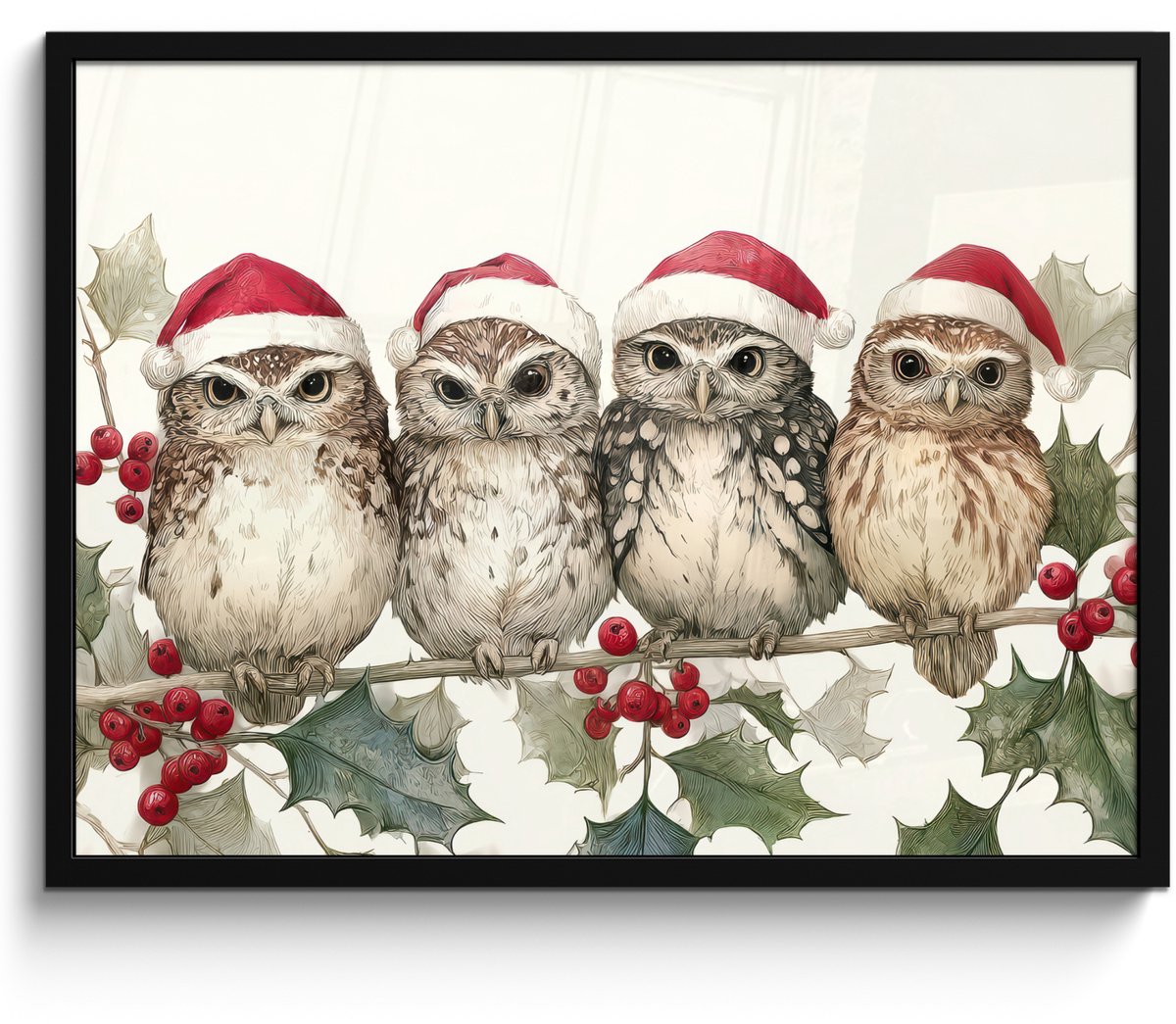 FrameYourWall Poster in lijst - Fotolijst 80x60 cm - Posters - Uilen - Tak - Hulstblaadjes - Kerstmuts - Posterlijst zwart - Decoratie - Wanddecoratie woonkamer - Muurdecoratie slaapkamer - Kerstversiering - Kerstdecoratie voor binnen - Kerstmis