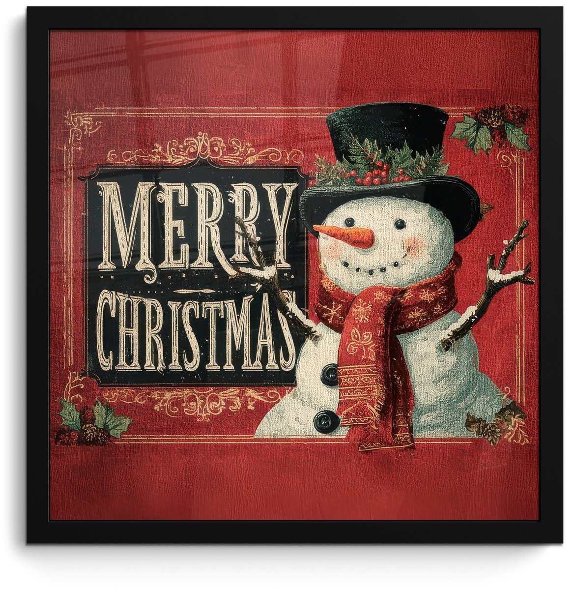 FrameYourWall Poster in lijst - Fotolijst 40x40 cm - Posters - Klassiek - Kerstgroet - Sneeuwpop - Rood - Posterlijst zwart - Decoratie - Wanddecoratie woonkamer - Muurdecoratie slaapkamer - Kerstversiering - Kerstdecoratie voor binnen - Kerstmis